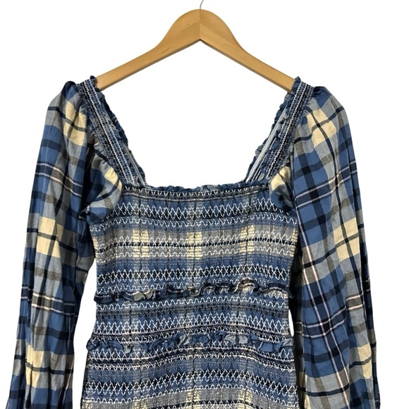 LoveShackFancy Womens Stanley Smocked Plaid Dress Sz P US 00 Blue Denim Skies - Picture 5 of 11